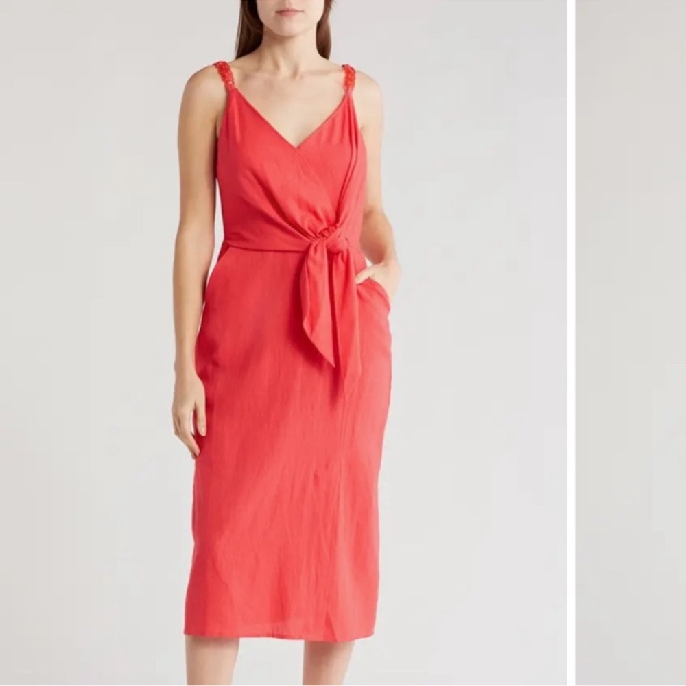 Ellen Tracy Coral Chain Straps Side Tie Linen Blend Elegant Midi Dress - Reemoly